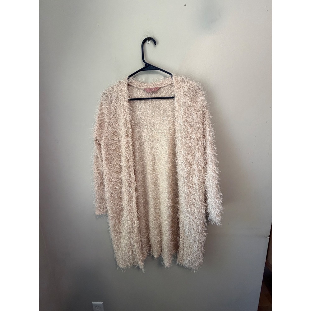 SJS Women Pink Fuzzy Eyelash Knit Longline Open Front Cardigan Sweater Medium